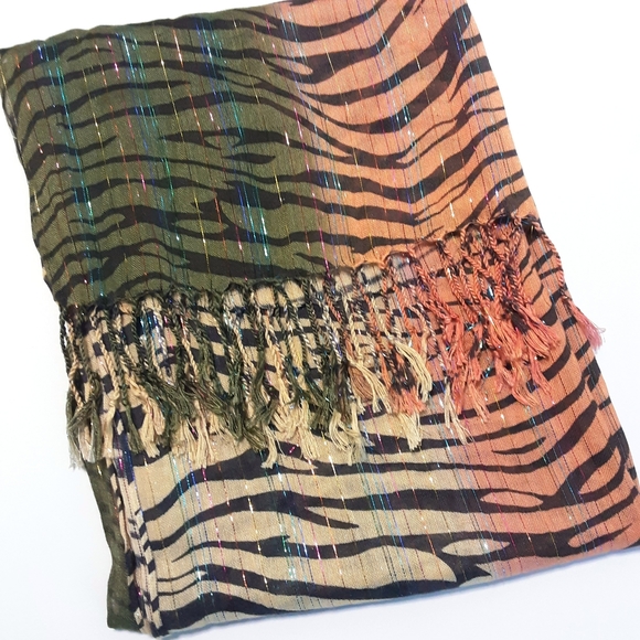 Tri-colored Tiger Striped Fashion Scarf, Green Orange Gold Fringed - Picture 7 of 8
